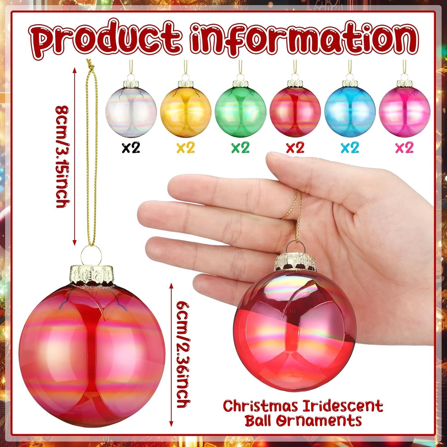 12 Pcs Iridescent Glass Christmas Ornaments 2.36 Inch for Holiday Decor