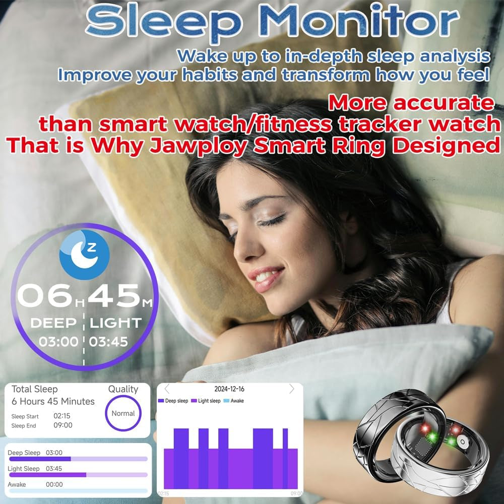 Smart Ring Fitness Tracker Sleep Tracking Heart Rate Monitor Pedometer, Waterproof Activity Tracker Fitness Ring Steps Counter, Gesture Controls for Short Video, 8 Days Last, Silver, #12