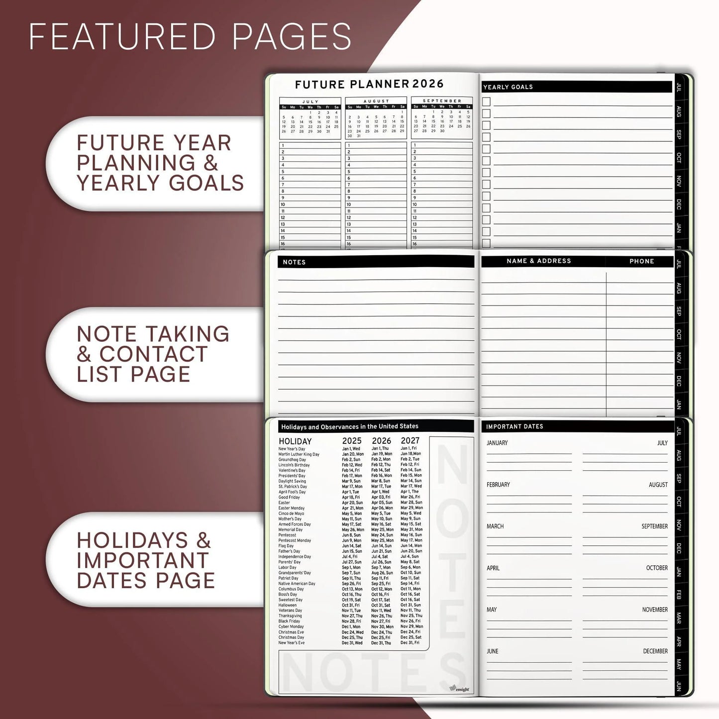 2025 2026 HARDCOVER Leather Planner Weekly & Monthly 8.5X11 Inches Academic Planner Business Personal or Student Pen Holder Thick Paper July 2025 June 2026 (Dark Red)