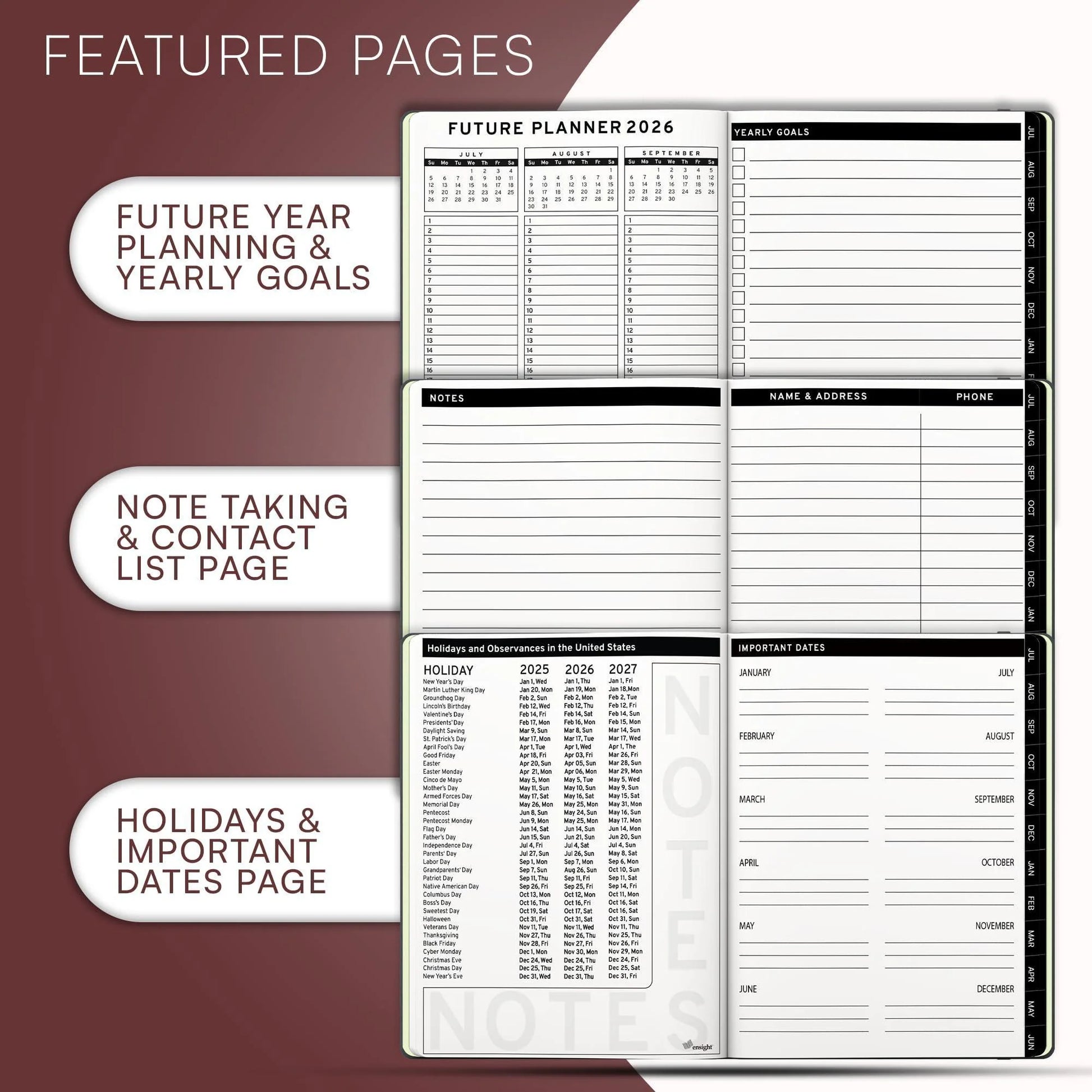 2025 2026 HARDCOVER Leather Planner Weekly & Monthly 8.5X11 Inches Academic Planner Business Personal or Student Pen Holder Thick Paper July 2025 June 2026 (Dark Red)