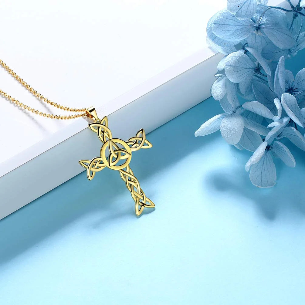 925 Sterling Silver 18K Gold Plated Celtic Cross Necklace for Women Men Trinity Triquetra Knot Pendant Necklace Irish Religious Jewelry Fathers Day Gift
