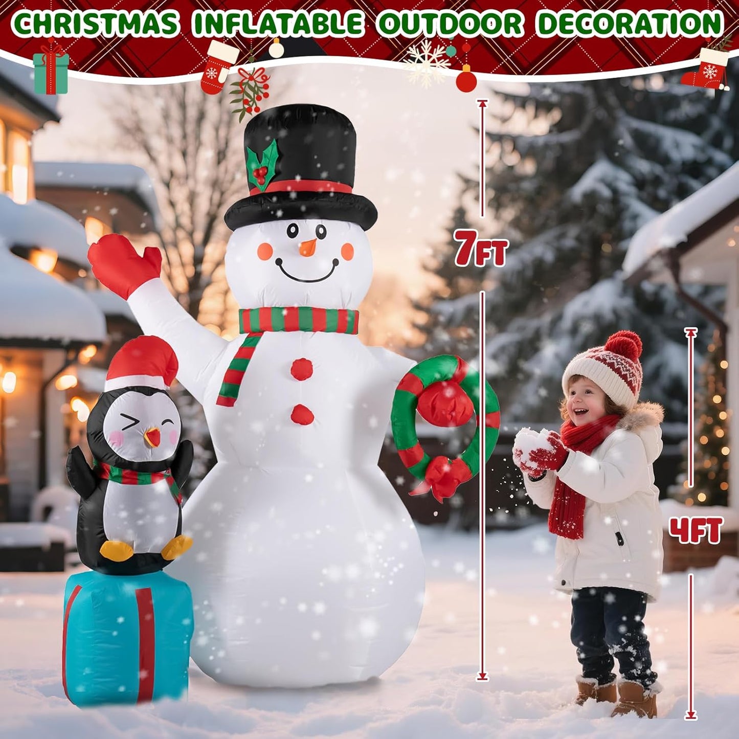 7FT Inflatable Christmas Snowman with LED Lights for Outdoor Holiday Decor