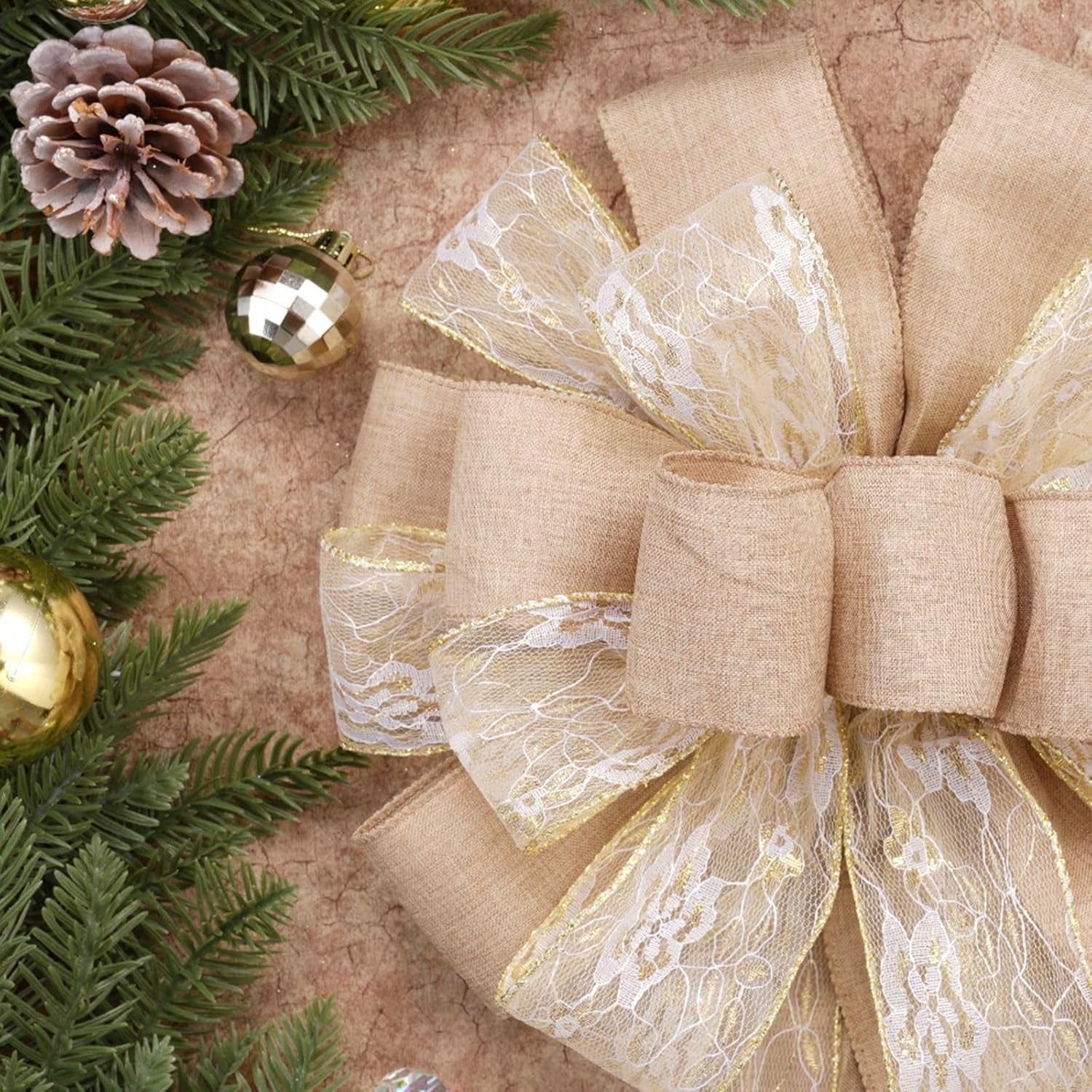 Christmas Tree Topper,Christmas Ornament with Glitter Satin Mesh Streamer,For Your Christmas Decor (Circle Tree Topper, Beige)