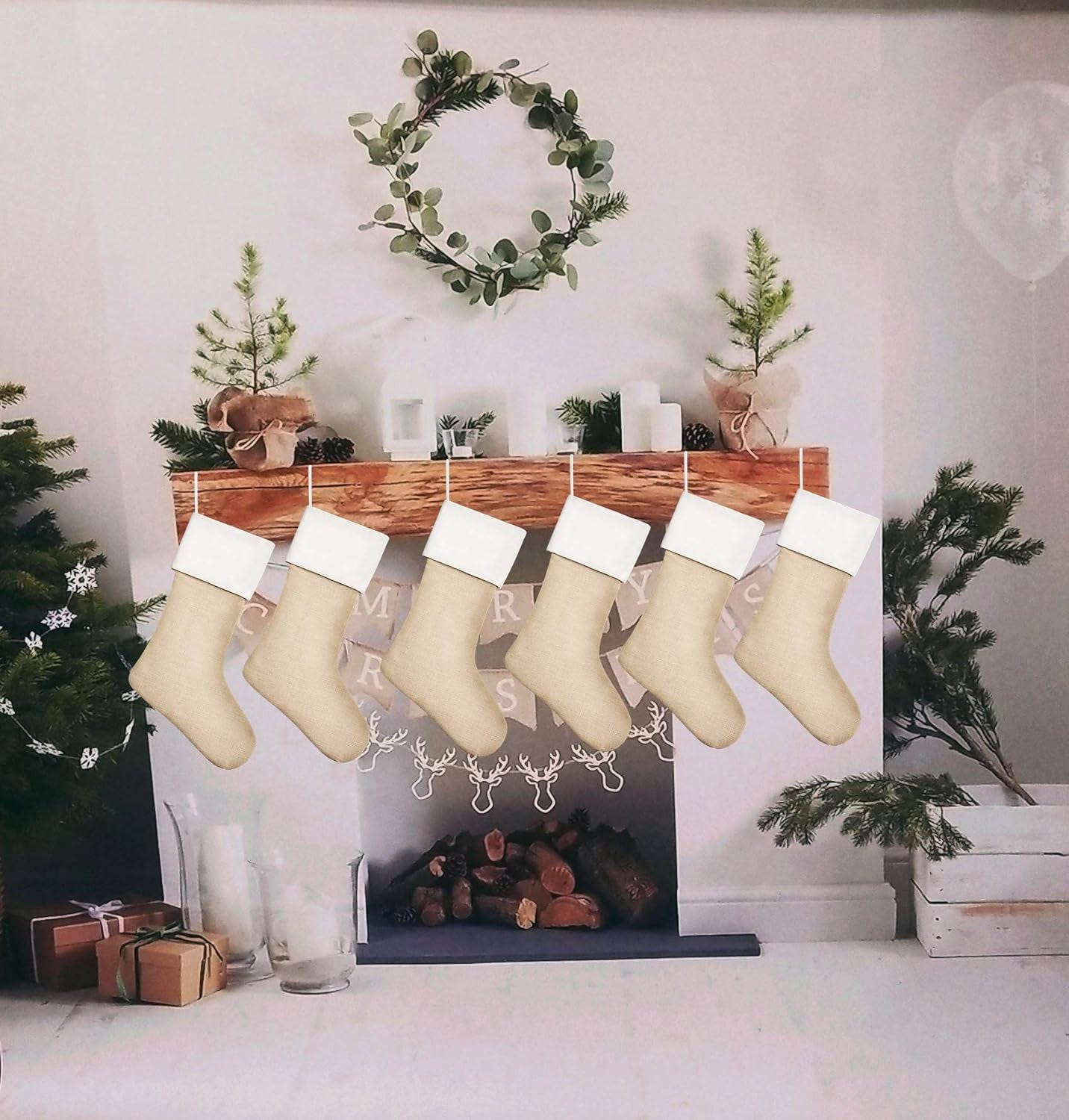 18" Burlap Christmas Stockings Bulk Plain Xmas Neutral Stockings for Fireplace Hanging,Pack 10