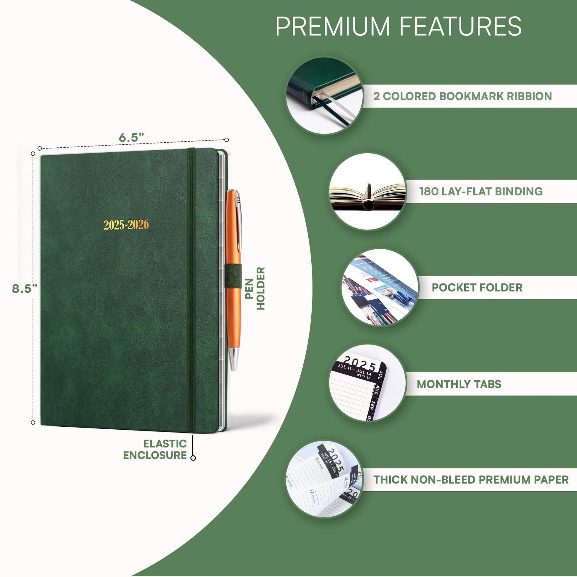 2025 2026 HARDCOVER Leather Planner Weekly & Monthly 6.5 * 8.5 Inches Academic Planner Business Personal or Student Pen Holder Thick Paper July 2025 June 2026 (Dark Green)
