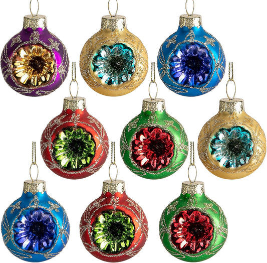 9-Piece Vintage Multicolored Glass Reflector Ball Ornaments for Holiday Decor