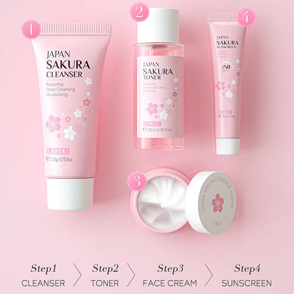 Sakura Skin Care Set Facial Cleanser,Serum,Toner,Sunscreen,Facial Cream Beauty Skin Care for Women Gifts Routine Travel Kit