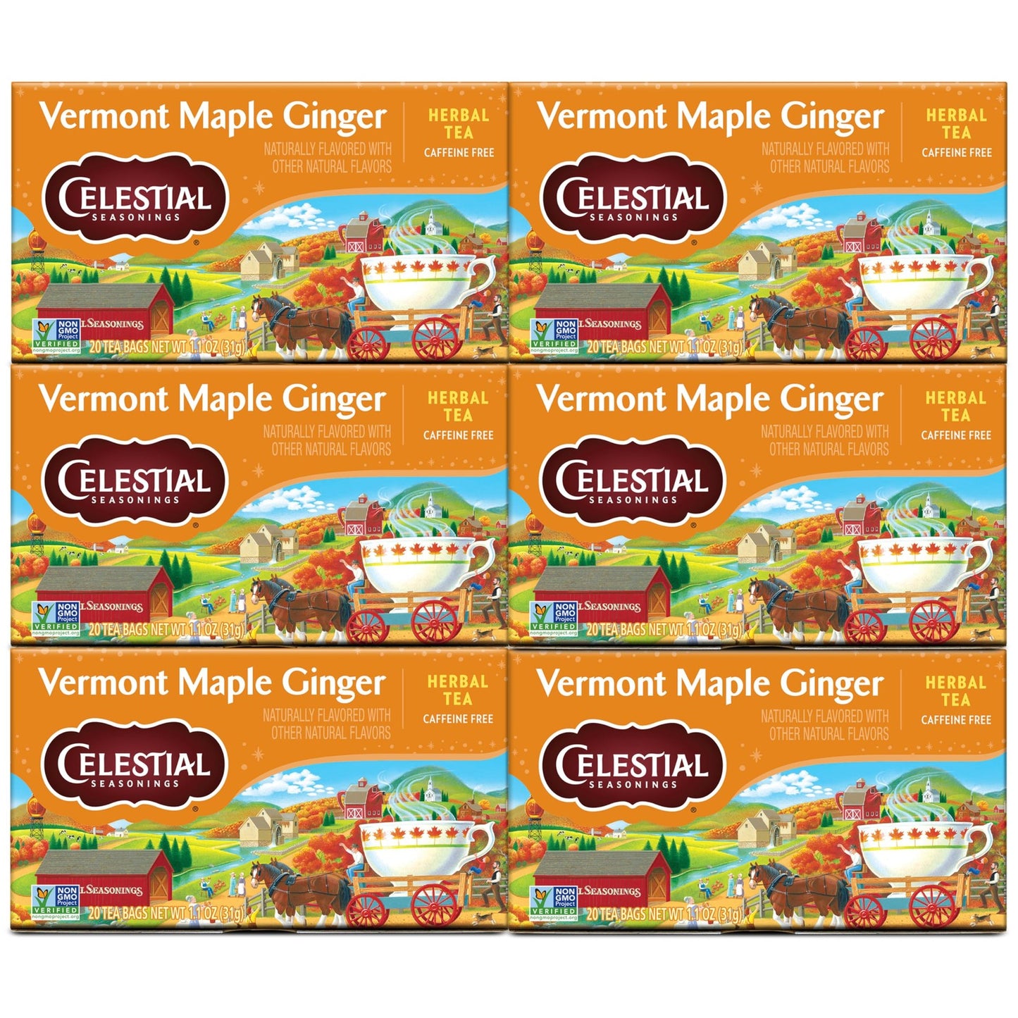 Celestial Seasonings Vermont Maple Ginger Herbal Tea 6 Boxes 20 Count Each