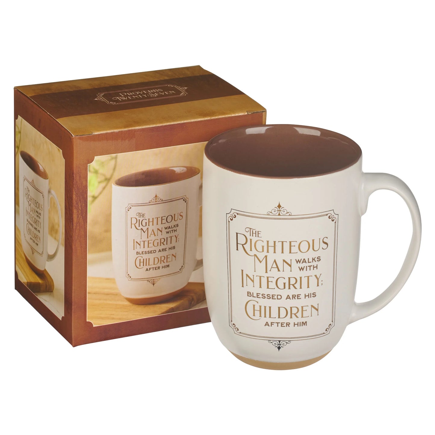 Large Ceramic Coffee & Tea Scripture Mug for Men: Righteous Man - Proverbs 20:7 Inspirational Bible Verse, Non-Toxic/Lead-Free Cup W/Clay Base & Gold Accents, White/Brown, 15 Oz.