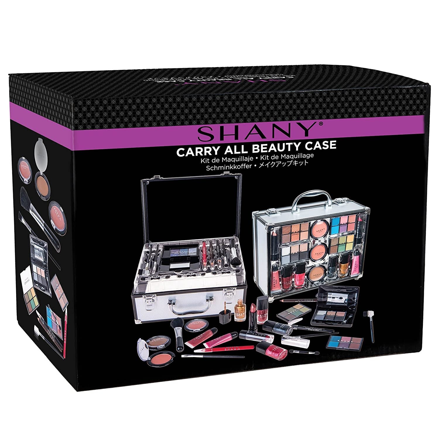 Carry All Trunk Makeup Train Case with Re-Usable Aluminum Beauty Storage Organizer Case. Make up Set with Eye Palettes, Blushes,Face Powders, Manicure, Pedicure and Cosmetics Brushes. GIFT SET
