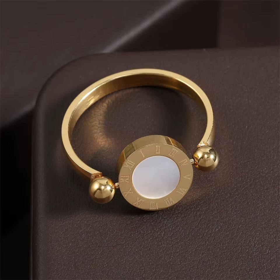 Rotated Fashion Titanium Stainless Steel Roman Numeral Ring for Women Men Black and White Color Shell Finger Jewelry