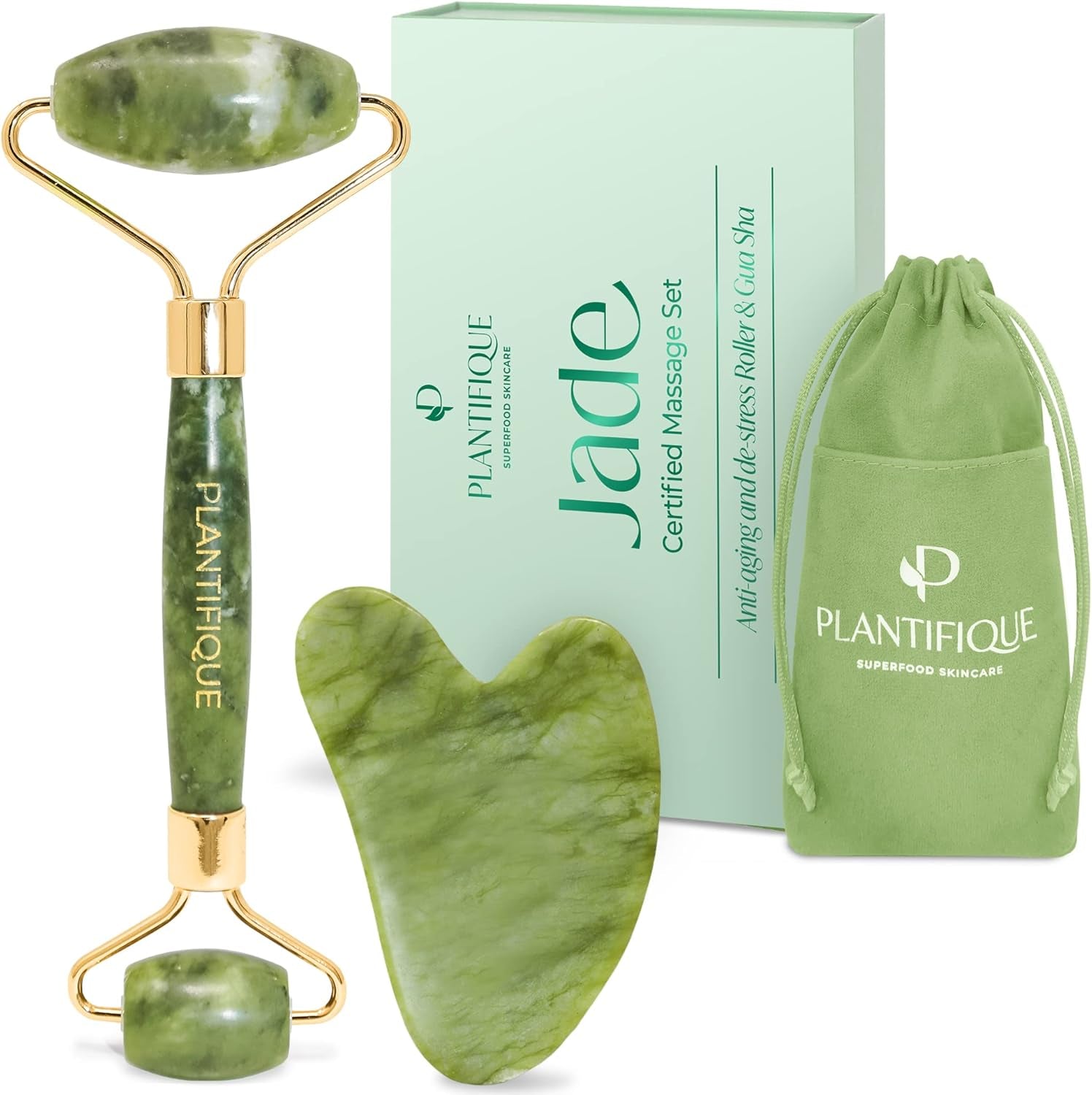 Jade Roller & Gua Sha Set – Real Jade Facial Tools for Skin Care Routine – Certified Face Massager for Radiant Skin