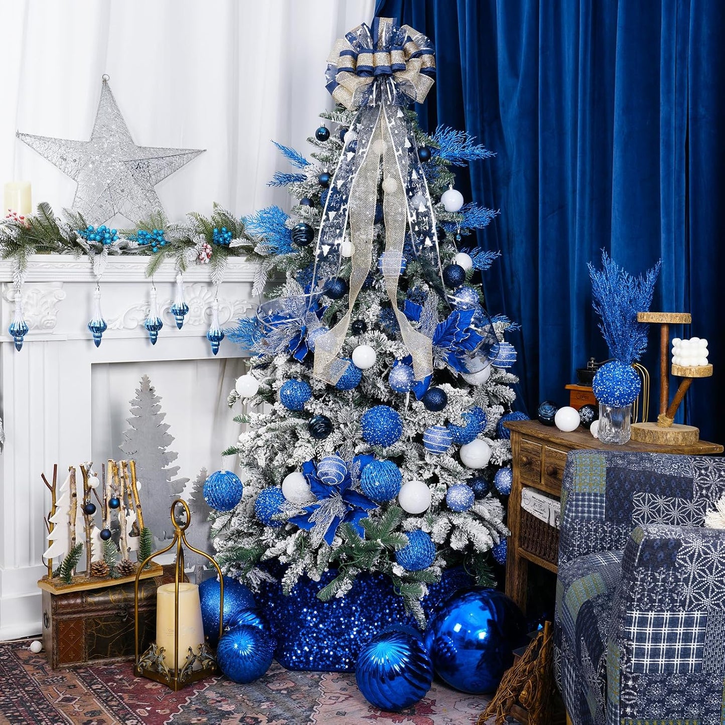 Christmas Tree Topper Bow,Christmas Ornament with Glitter Satin Mesh Streamer,For Your Christmas Decor(Circle Tree Topper, Blue)