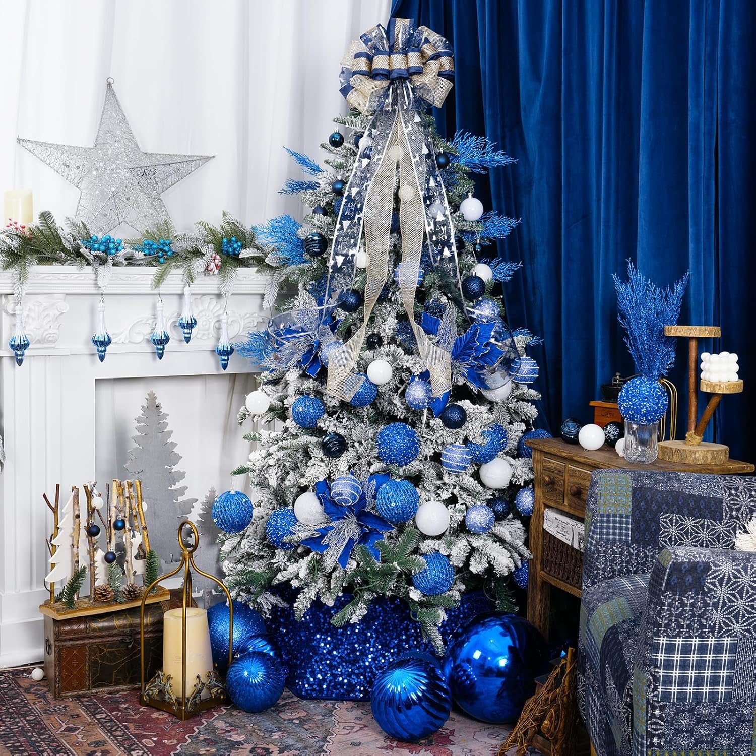 Christmas Tree Topper Bow,Christmas Ornament with Glitter Satin Mesh Streamer,For Your Christmas Decor(Circle Tree Topper, Blue)