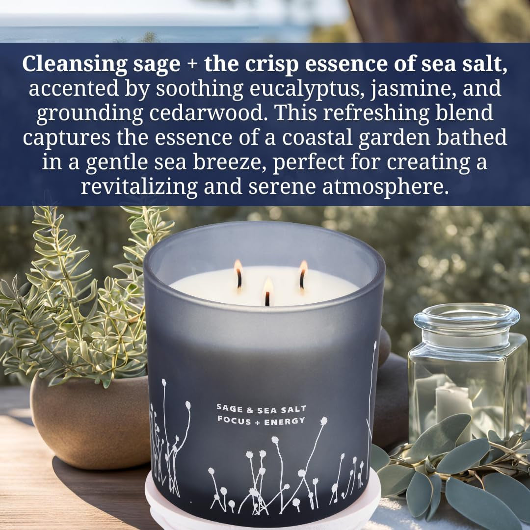 White Sage Sea Salt 3 Wick Candle - Large Soy Scented Candle 14.5 Oz - Sage Candle for Cleansing House - Aromatherapy Energy Cleansing Sage Scented Candles for Women & Men