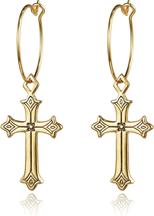 Cross Earrings for Women14K Gold Plated Dangle Vintage Hoop Drop Faith Earrings Jewelry Gifts Gold Cross Earrings for Women