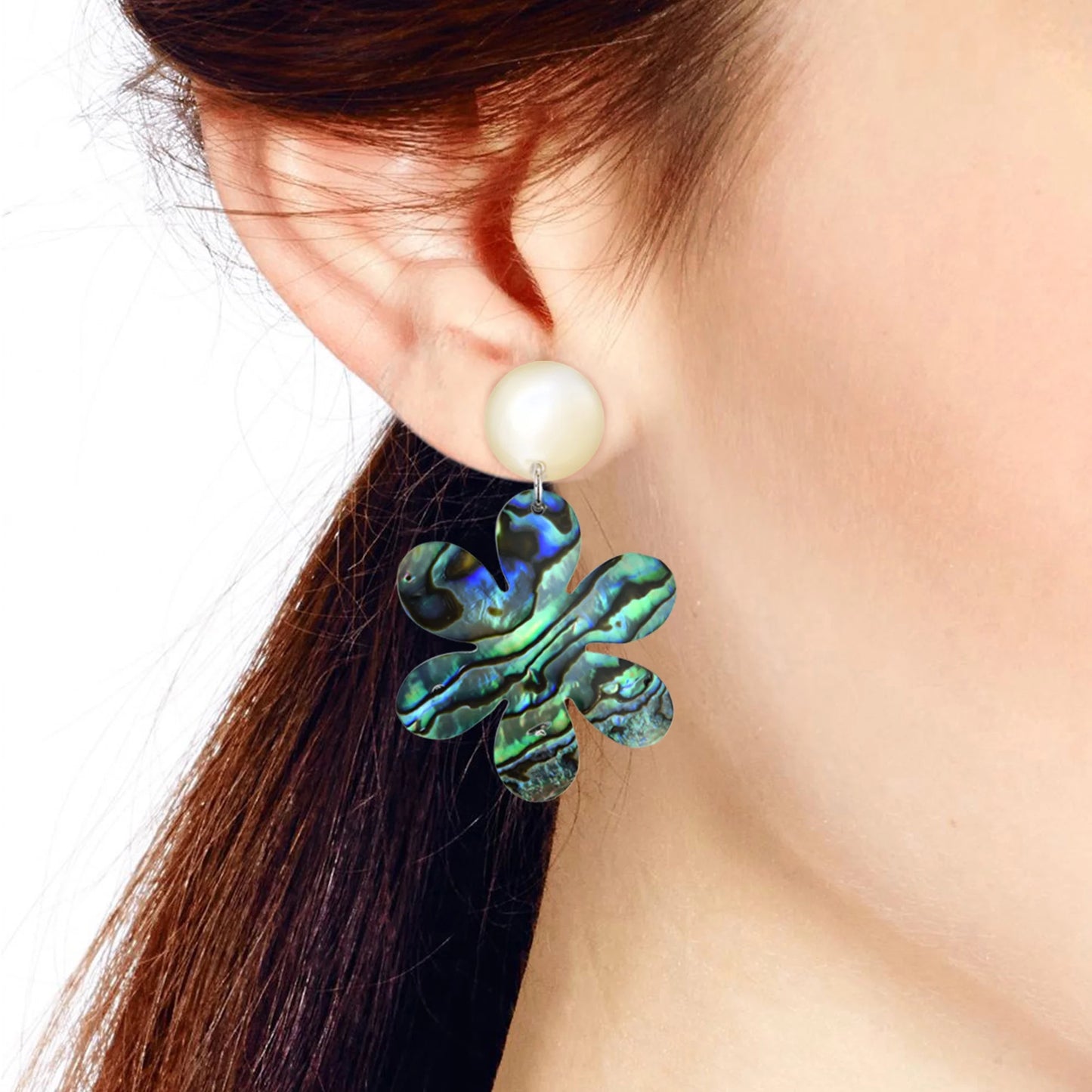 Elegance Abalone Shell Flower on White Circle Post Drop Dangle Earrings