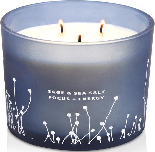 White Sage Sea Salt 3 Wick Candle - Large Soy Scented Candle 14.5 Oz - Sage Candle for Cleansing House - Aromatherapy Energy Cleansing Sage Scented Candles for Women & Men