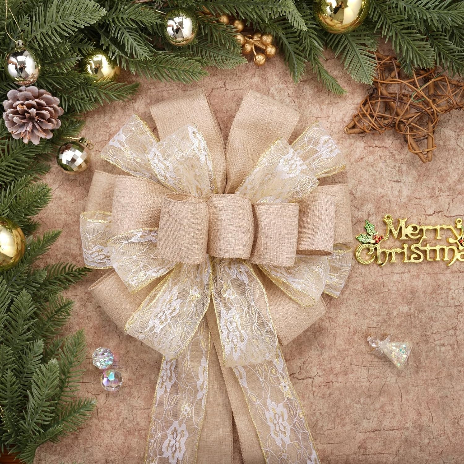 Christmas Tree Topper,Christmas Ornament with Glitter Satin Mesh Streamer,For Your Christmas Decor (Circle Tree Topper, Beige)