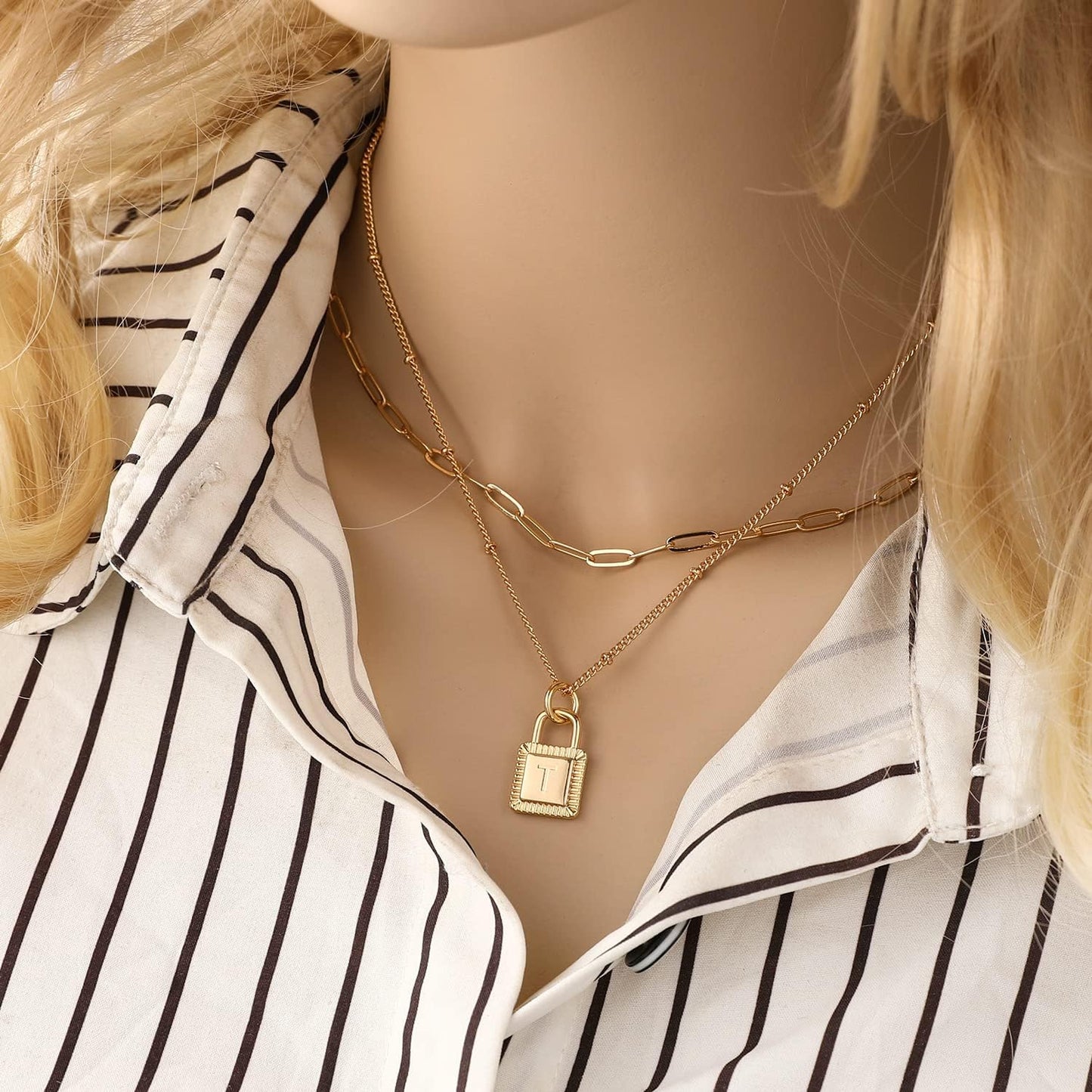 Gold Layered Initial Necklaces for Women 18K Gold Plated Dainty Layered Letter Lock Necklace for Women Gold Padlock Pendant Necklaces Personalized Trendy Jewelry