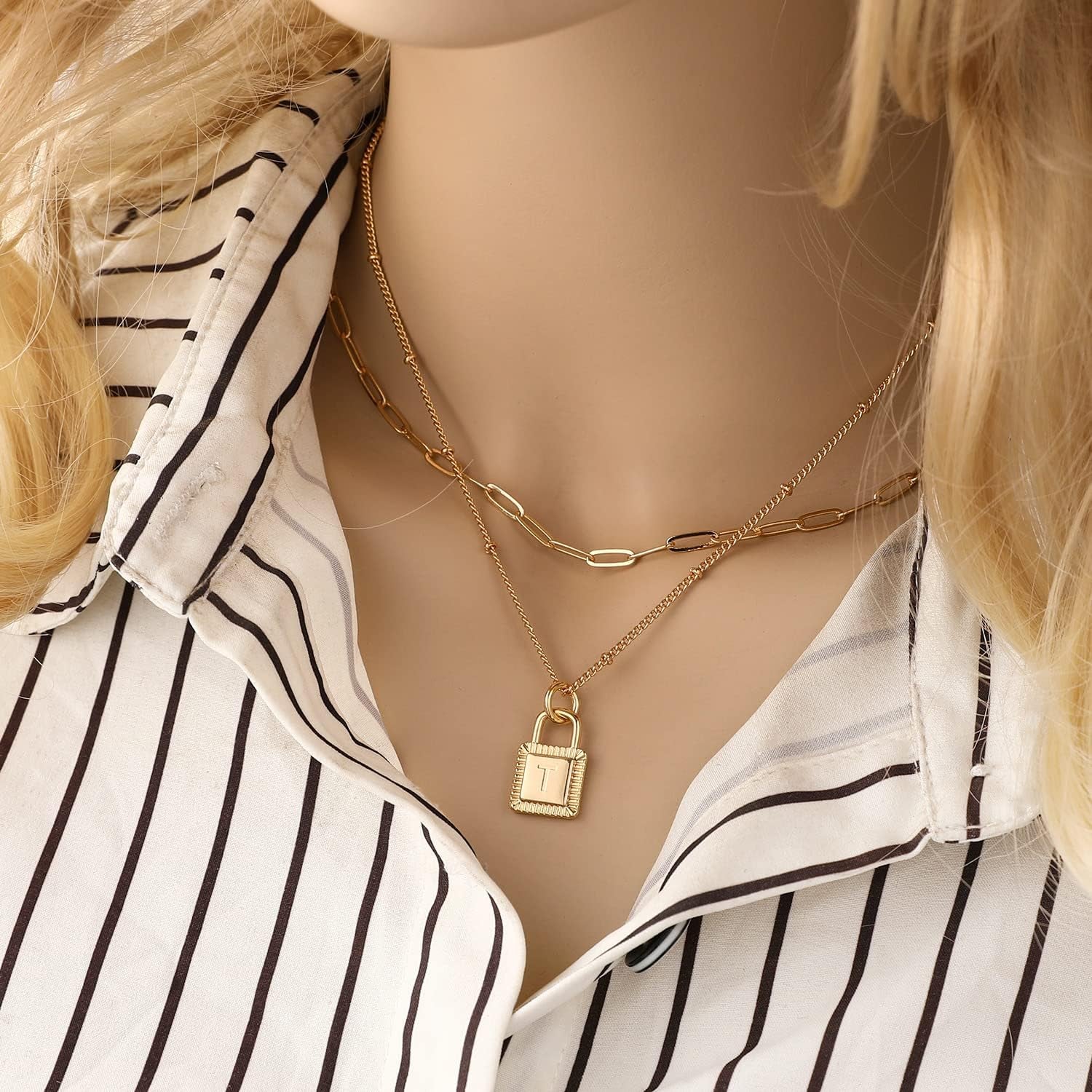 Gold Layered Initial Necklaces for Women 18K Gold Plated Dainty Layered Letter Lock Necklace for Women Gold Padlock Pendant Necklaces Personalized Trendy Jewelry