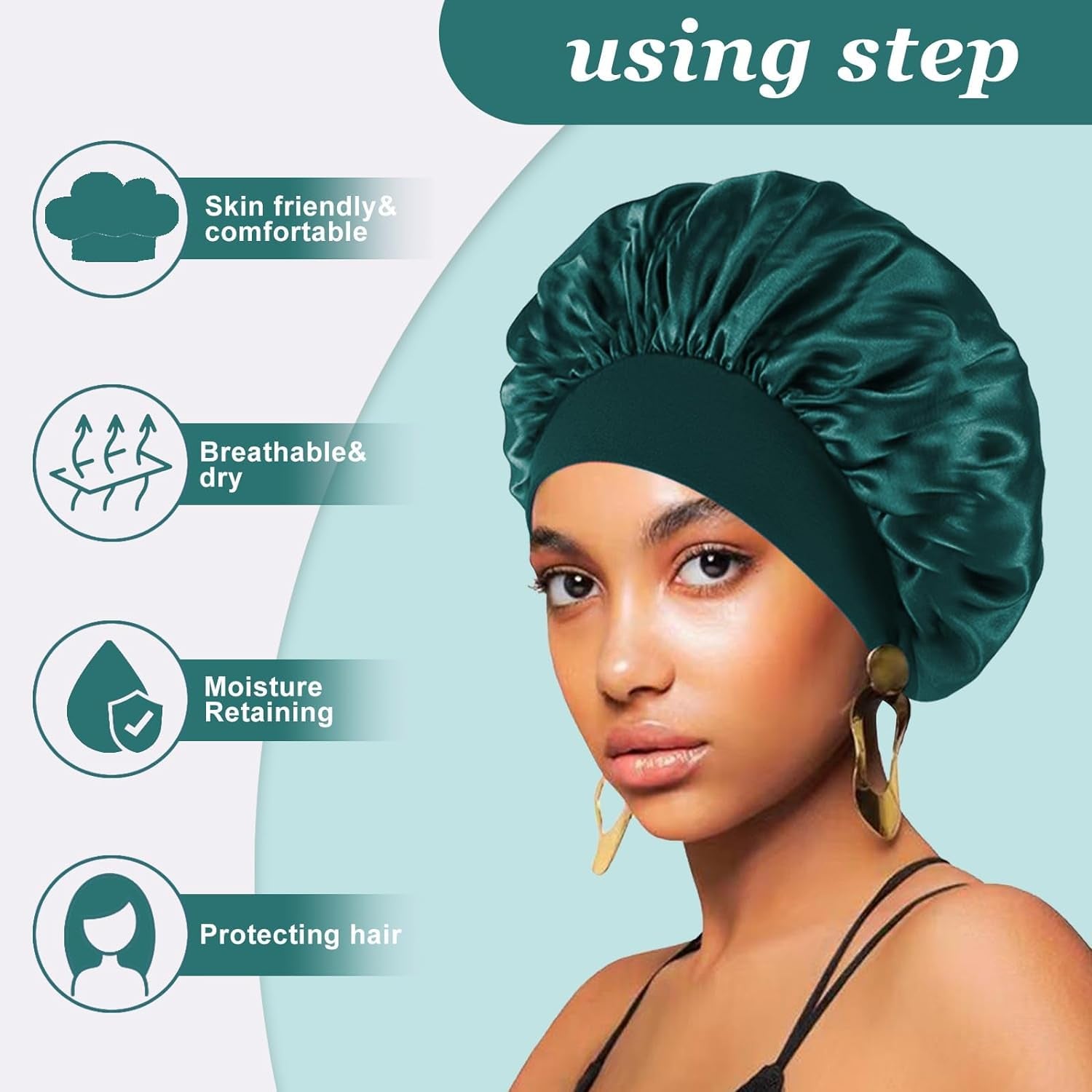 4PCS Silk Satin Bonnets for Black Women & Men - Elastic Wide Band Hair Wrap Cap for Curly Hair - Shower Cap for Sleeping (Black, Peacock Blue, Pink, Khaki)