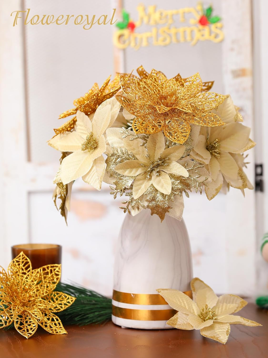 30 Pcs Gold Poinsettia Artificial Flowers with Clips for Holiday Decor