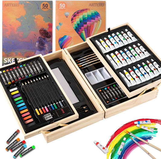 Art Supplies, 85 Piece Wooden Art Set Painting Supplies with Watercolor Powder, Oil Pastels, Colored Pencils, Watercolor Paint, Portable Gift for Kids Beginners and Artists