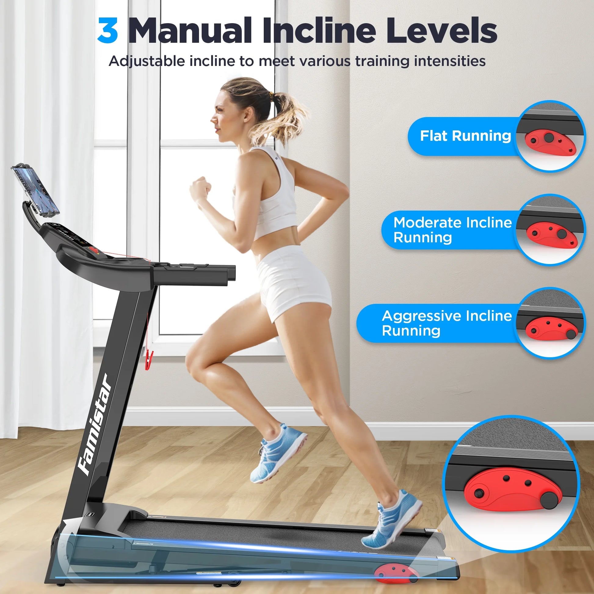 Treadmill 300 LB Capacity for Home with Incline, Folding Electric Running Walking Treadmill, Portable Treadmill for Home Use, 7.5 MPH, Smart Apps, 64+7 Programs, Bluetooth Speakers