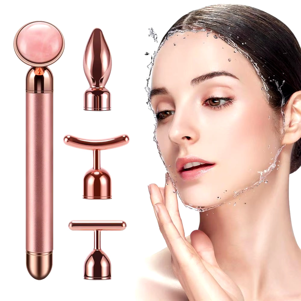 4 in 1 Vibrating Rose Quartz Roller Face Roller Eye Massager Jade Roller T/V Shaped Face Lifting Slimming Beauty Care Massager