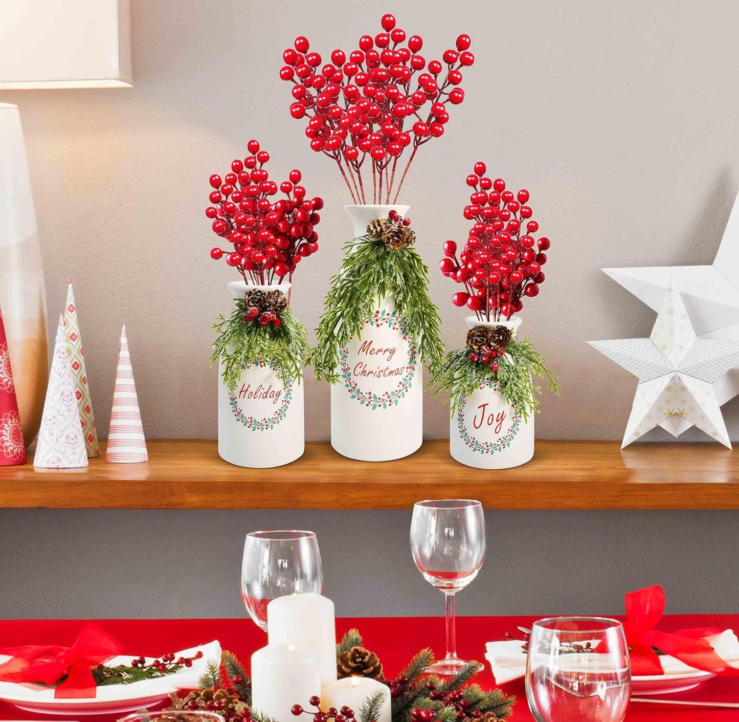 Set of 3 White Ceramic Christmas Vases with Artificial Holiday Decor