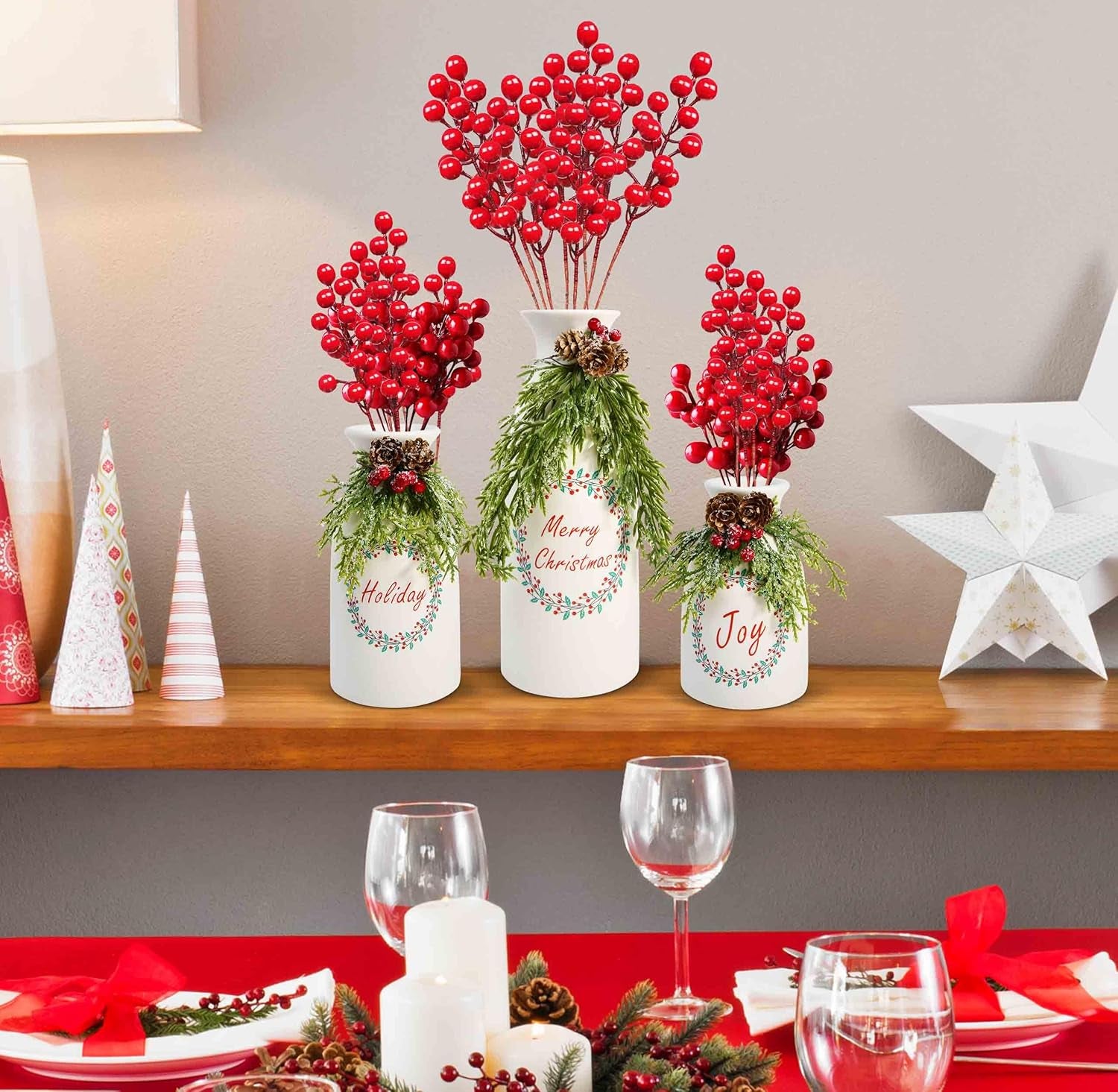 Set of 3 White Ceramic Christmas Vases with Artificial Holiday Decor