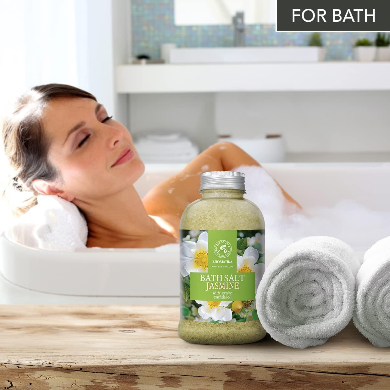 Bath Sea Salt Jasmine 21.16 Oz - Bath Salts with Jasmine Essential Oil for Bath Soak - Relaxing Bath - Body Care - Muscle Relaxation - Good Sleep - Aromatherapy Bath Salts - Flower Bath Salt