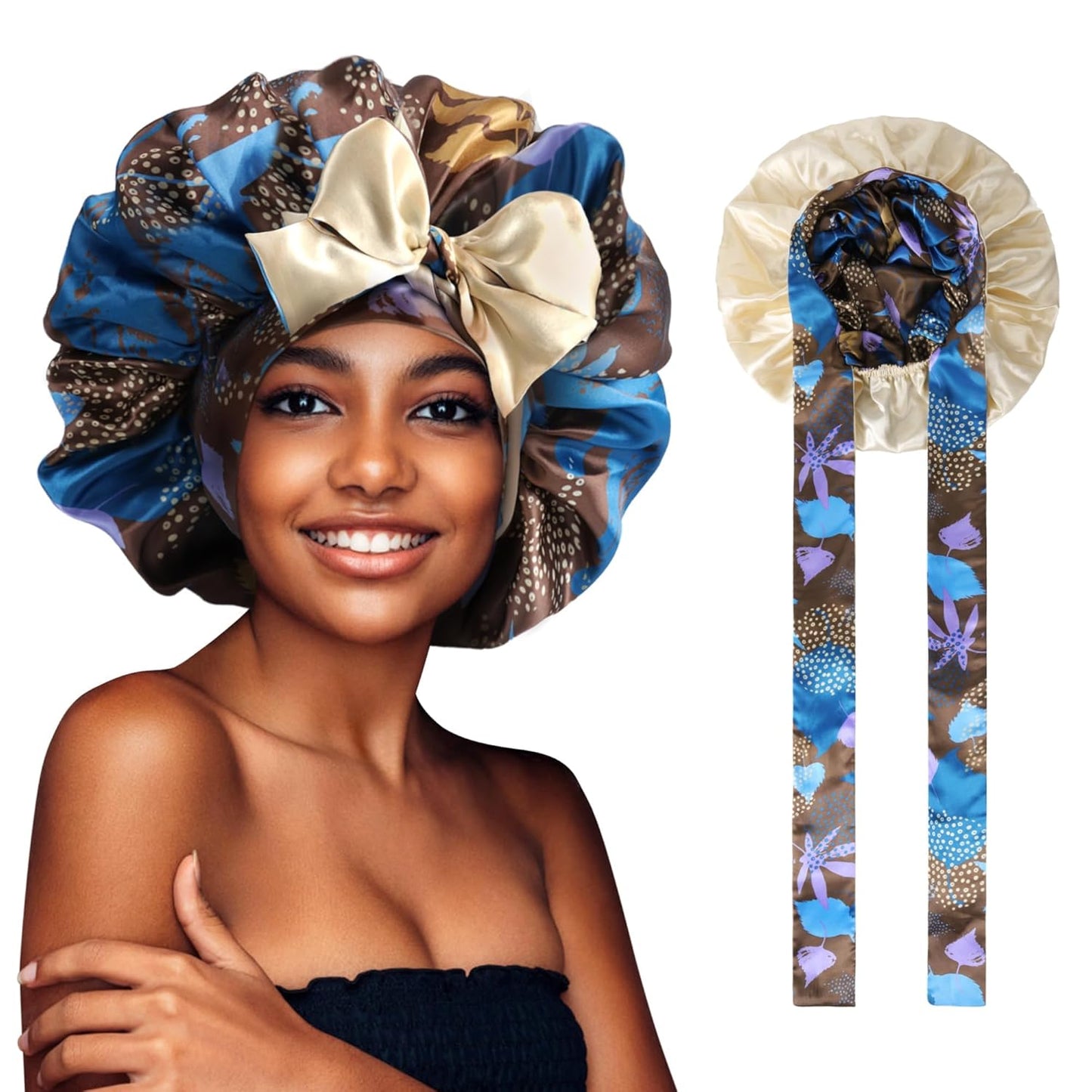Satin Bonnet for Sleeping, Silk Bonnet Hair Wrap, Double Layer Large with Tie Band Night Cap, Gifts for Women