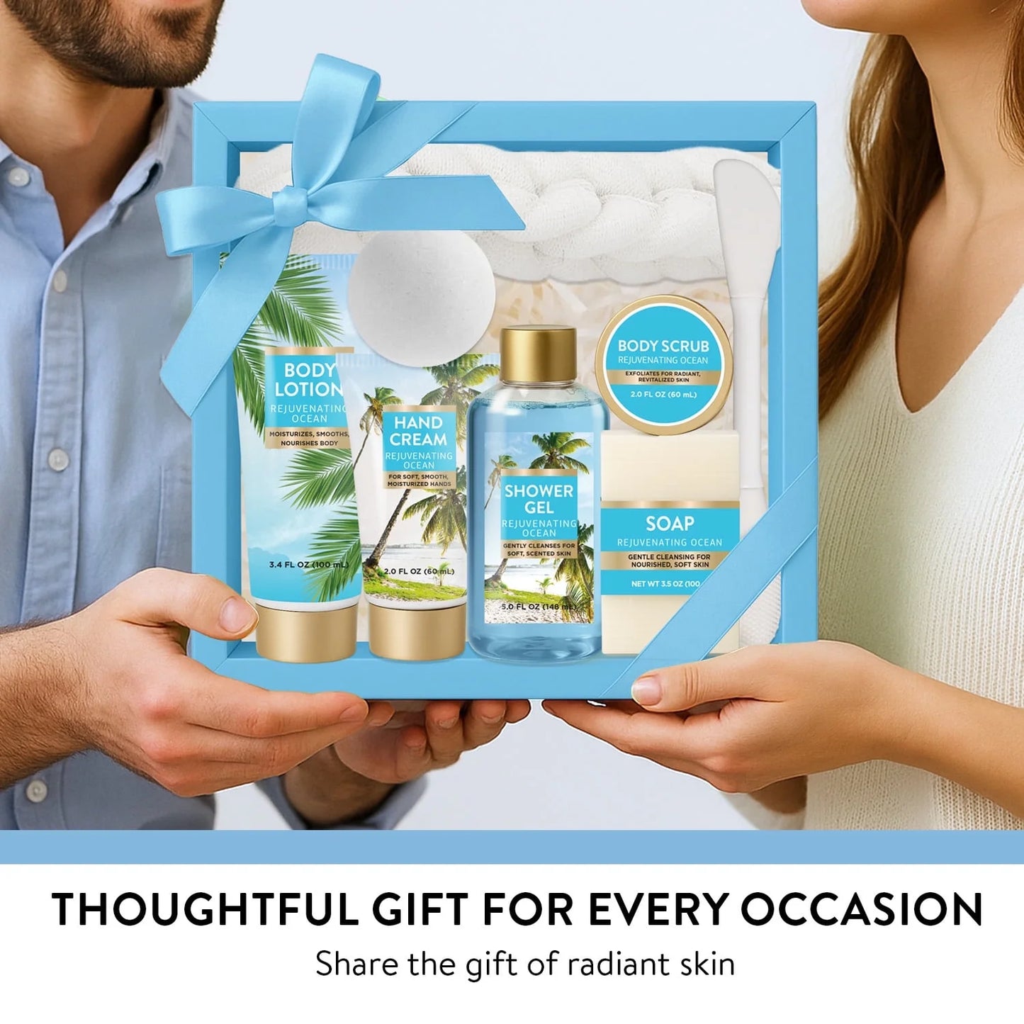 Christmas Day Gift Baskets for Women, Fresh Ocean Bath Body Care Sets for Her, 8 Pcs