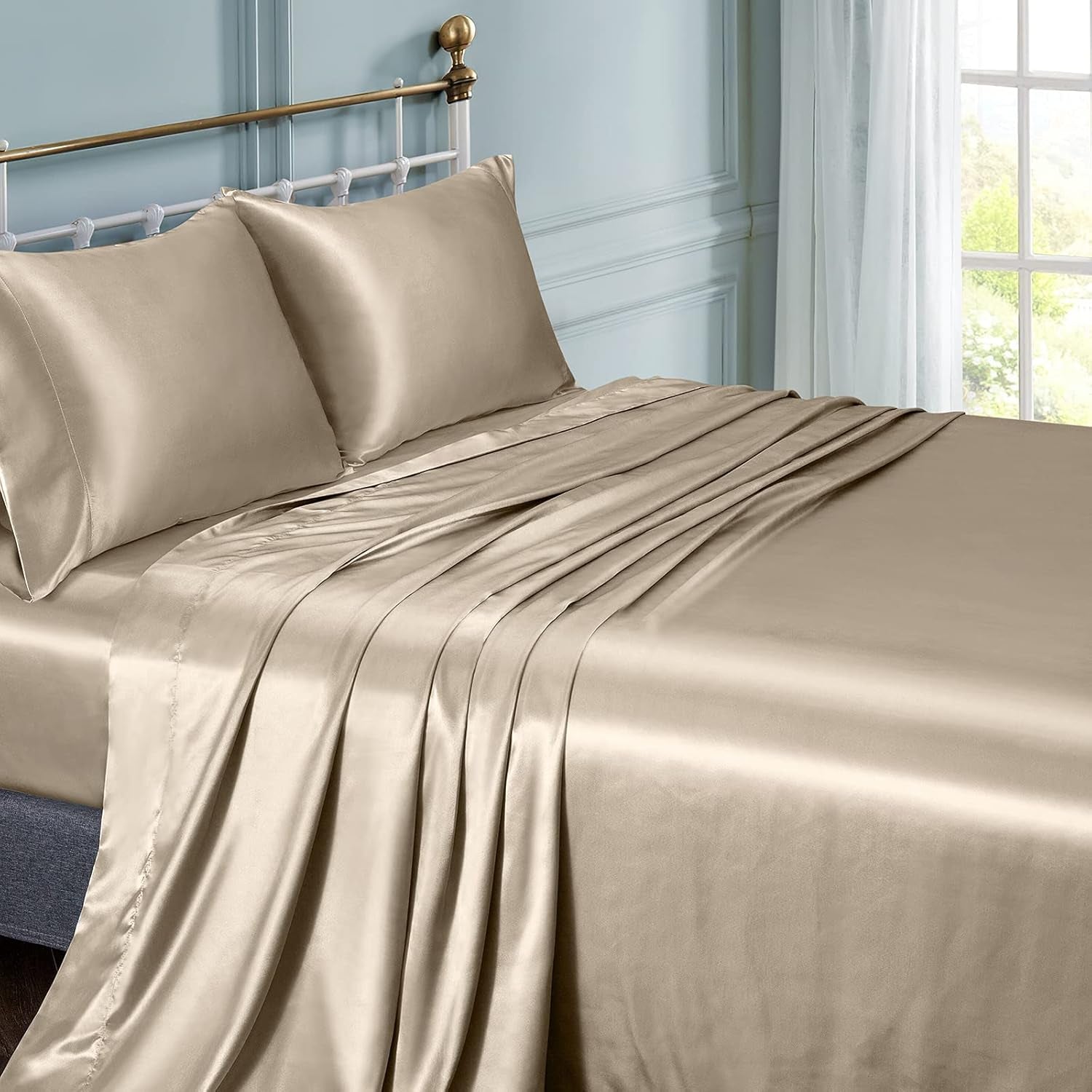 Satin Sheets Queen Size Silky Soft Satin Bed Sheets Taupe Sheet Set, 1 Deep Pocket Fitted Sheet + 1 Flat Sheet + 2 Pillowcases