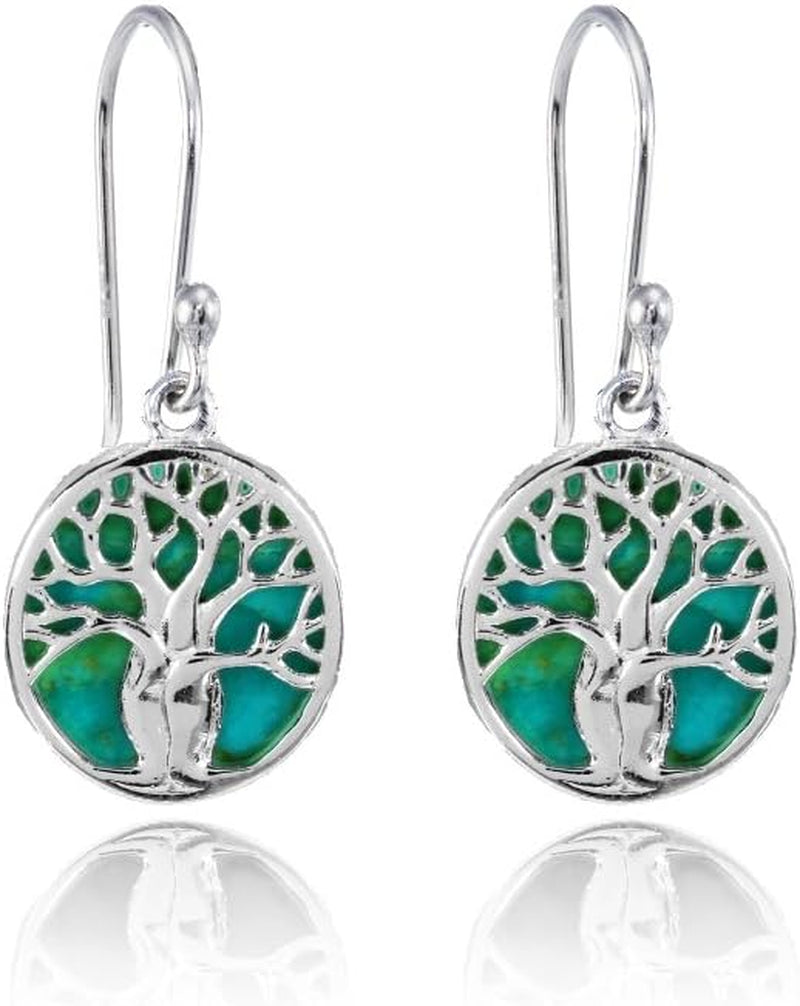 Sterling Silver Abalone or Simulated Turquoise Polished Tree of Life Dangle Earrings