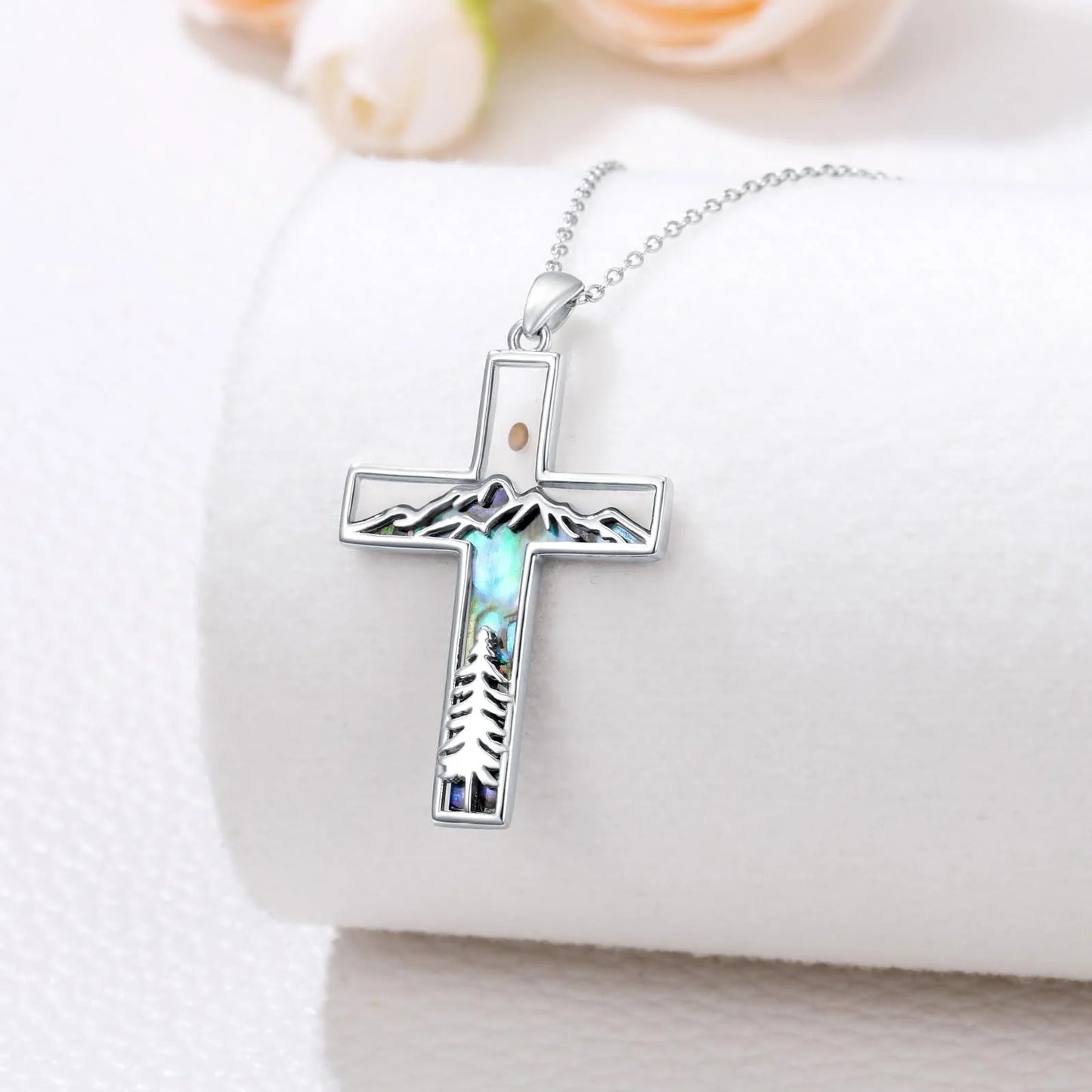 Corss Necklace for Women 925 Sterling Silver Abalone Mountain Mustard Seed Pendant Nature Jewelry Faith Gifts for Christian Hikers Lovers