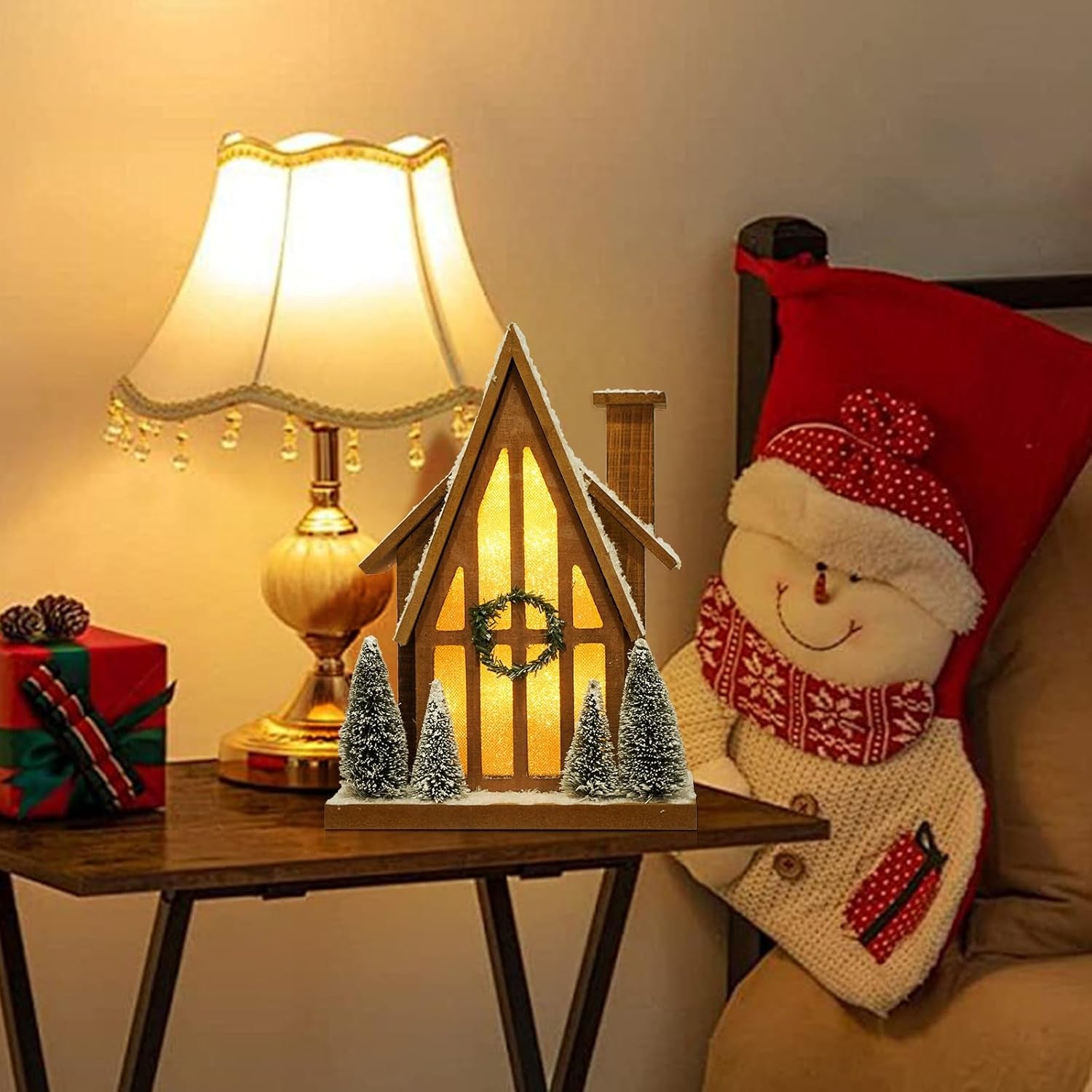 LED Lighted Christmas Village Ski Lodge with Timer - Rustic Holiday Decor