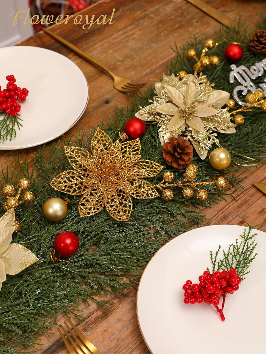 30 Pcs Gold Poinsettia Artificial Flowers with Clips for Holiday Decor