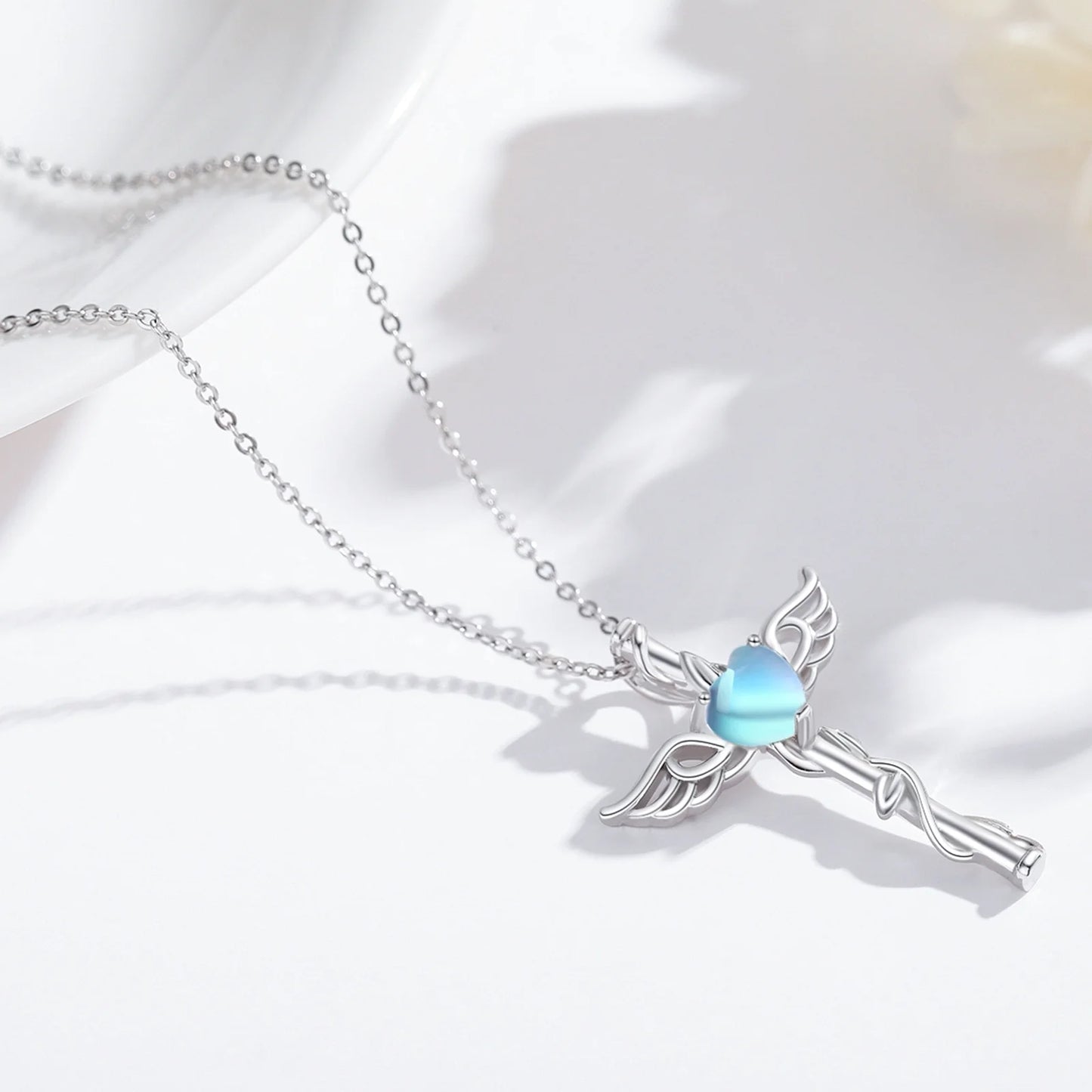 Angel Wing Cross Necklace 925 Sterling Silver Moonstone Cross Crucifix Pendant Necklace Guardian Angel Wings Necklace Cross Jewelry Gifts for Women