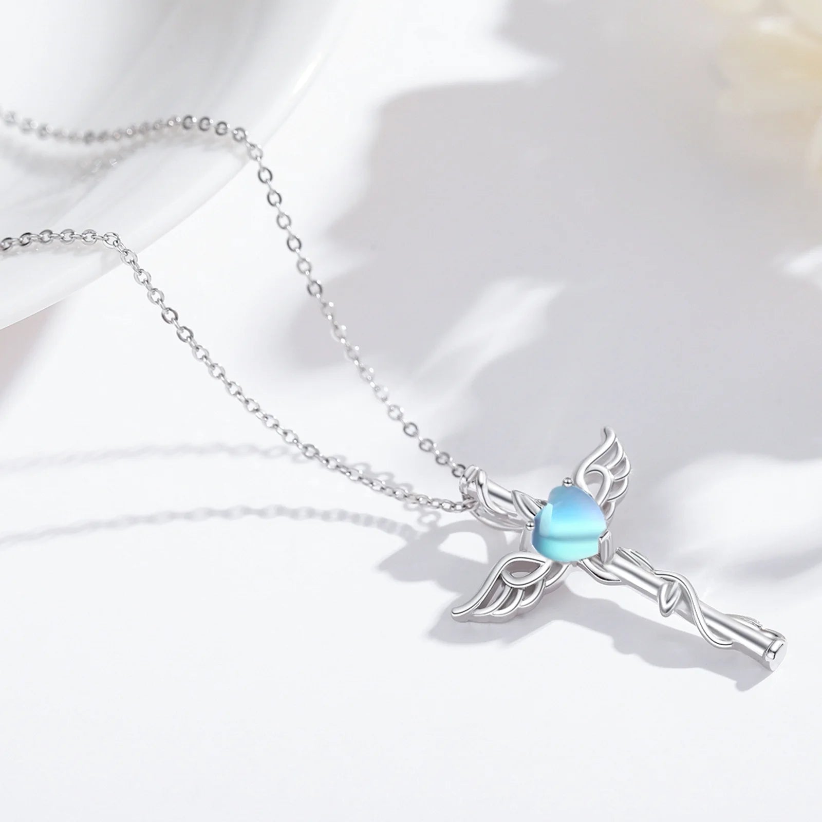 Angel Wing Cross Necklace 925 Sterling Silver Moonstone Cross Crucifix Pendant Necklace Guardian Angel Wings Necklace Cross Jewelry Gifts for Women