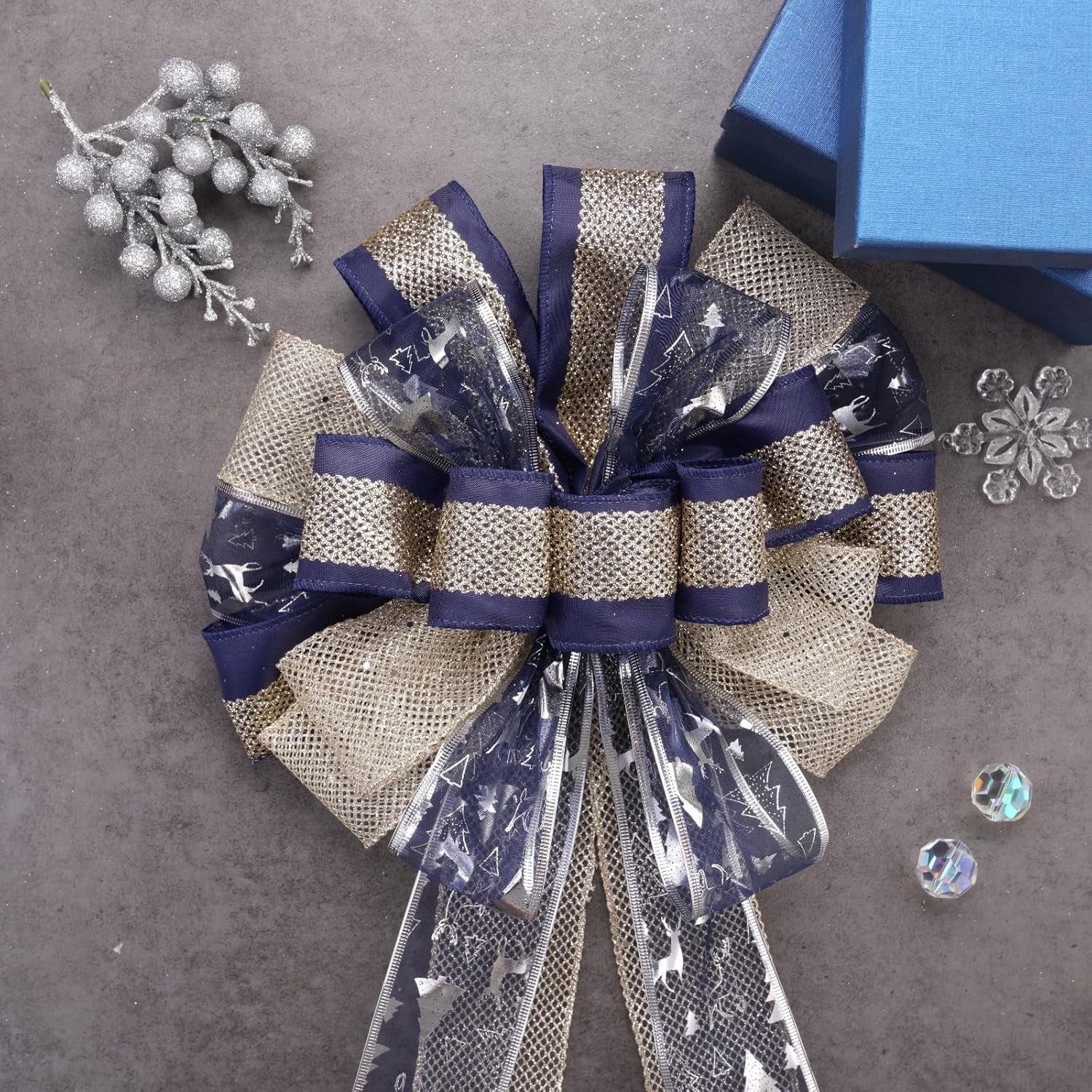 Christmas Tree Topper Bow,Christmas Ornament with Glitter Satin Mesh Streamer,For Your Christmas Decor(Circle Tree Topper, Blue)