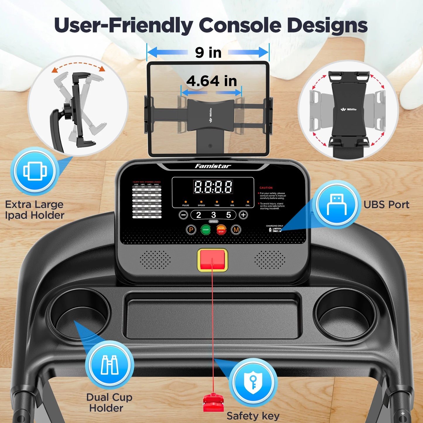 Treadmill 300 LB Capacity for Home with Incline, Folding Electric Running Walking Treadmill, Portable Treadmill for Home Use, 7.5 MPH, Smart Apps, 64+7 Programs, Bluetooth Speakers