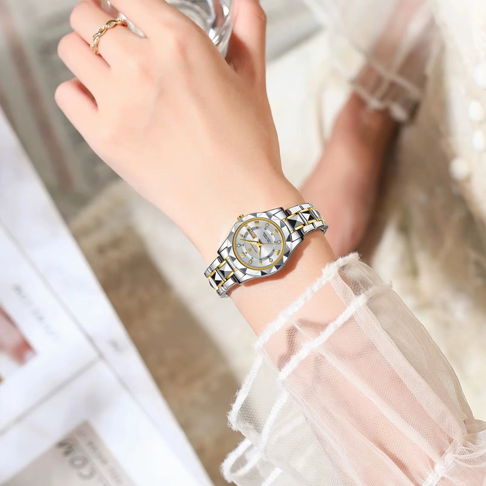 Luxury Quartz Watch for Ladies Waterproof Luminous Date Week Stainless Steel Women Watches Elegant Dress Wristwatch+Box