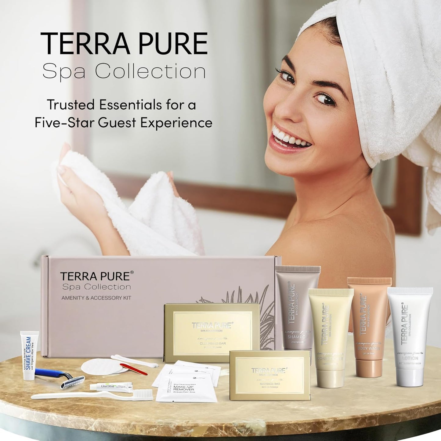 Spa Collection Amenity & Accessory Kit |0.85 Oz Travel Size Shampoo, Conditioner, Lotion, Body Wash, 2 Soap Bars, Shave & Dental Sets, Make-Up Remover Wipes, & Vanity Kit | 15 Sets/Case