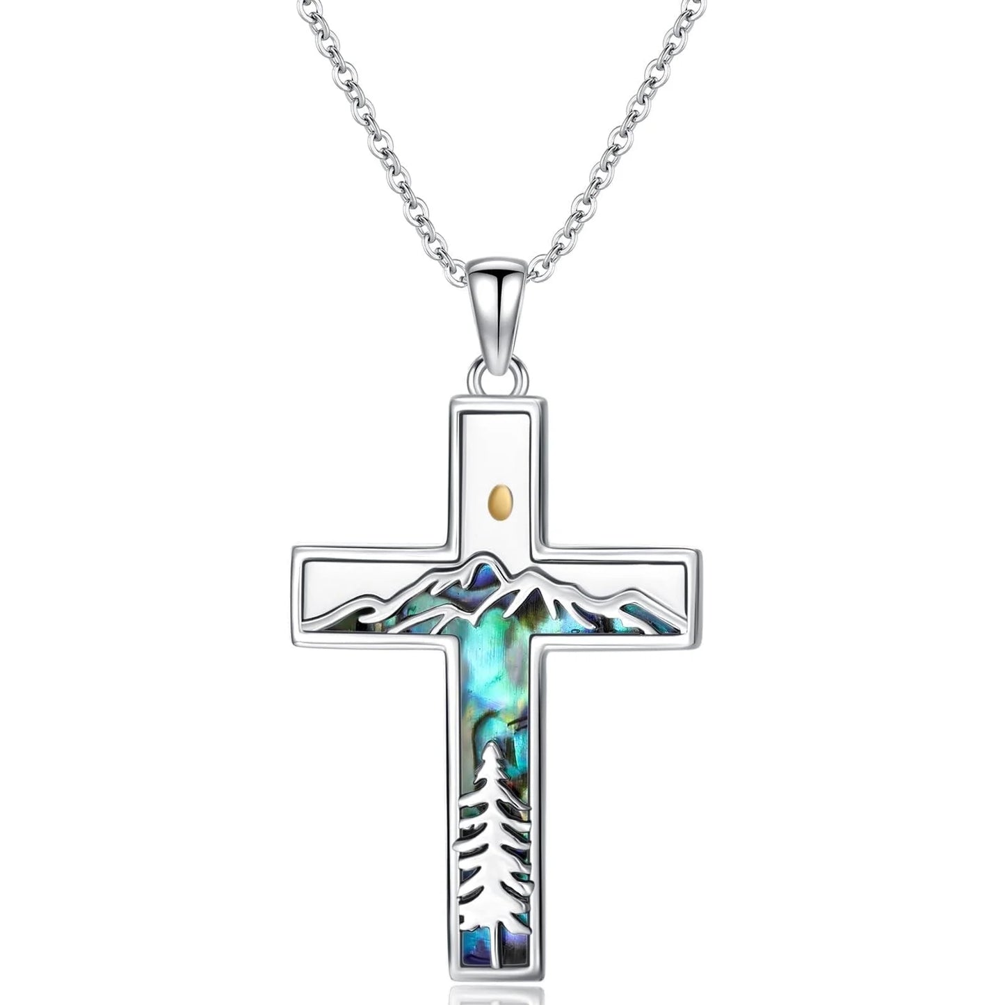 Corss Necklace for Women 925 Sterling Silver Abalone Mountain Mustard Seed Pendant Nature Jewelry Faith Gifts for Christian Hikers Lovers