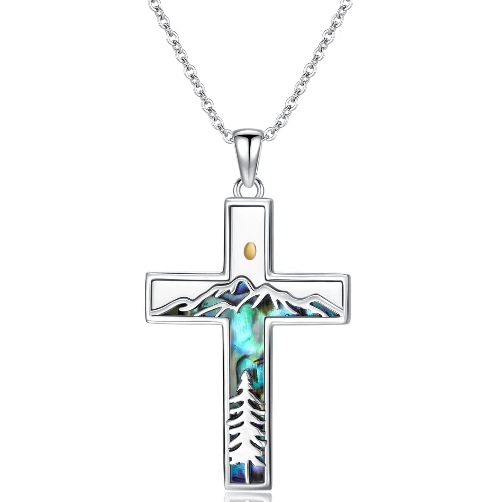 Corss Necklace for Women 925 Sterling Silver Abalone Mountain Mustard Seed Pendant Nature Jewelry Faith Gifts for Christian Hikers Lovers