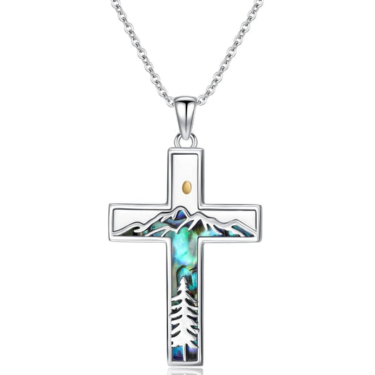 Corss Necklace for Women 925 Sterling Silver Abalone Mountain Mustard Seed Pendant Nature Jewelry Faith Gifts for Christian Hikers Lovers