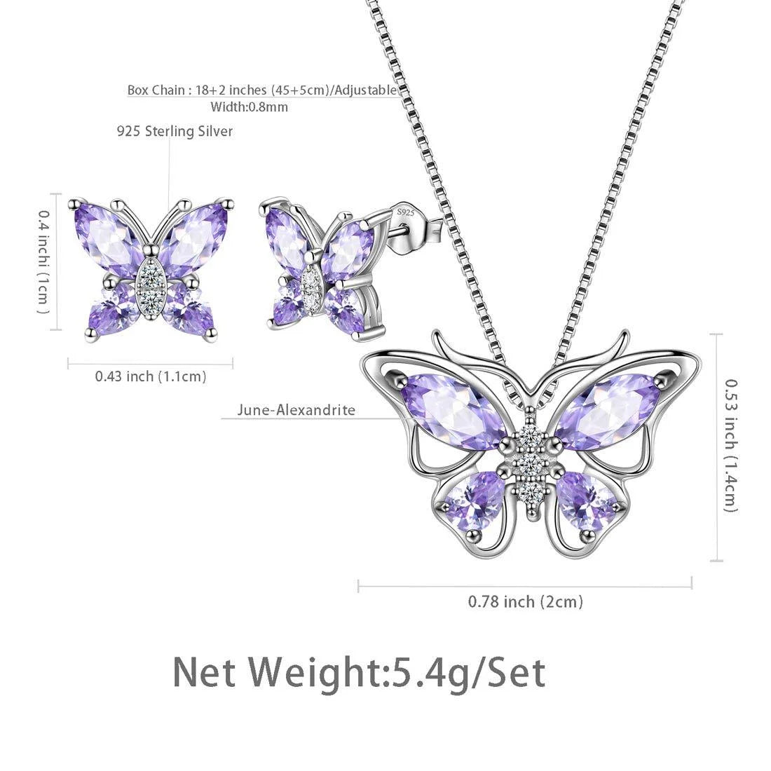 Purple Butterfly Jewelry Alexandrite June Birthstone Jewelry Set Fine Necklace/Earrings Sterling Silver Women Birthday Mother'S Day Xmas Gifts
